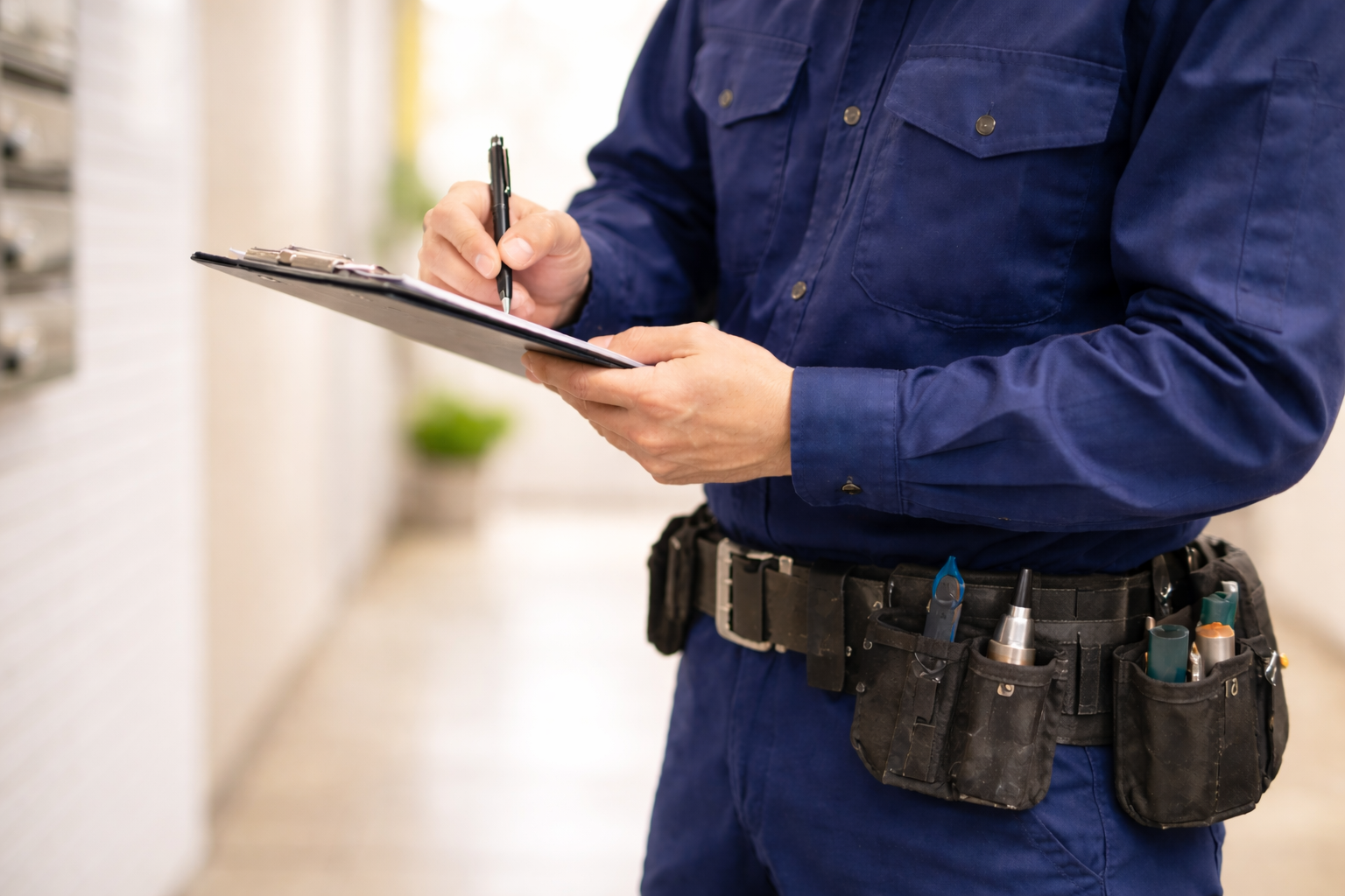 明るく清潔感のある共用廊下で、紺色の作業服を着た清掃スタッフがクリップボードに記録を書き込んでいる手元