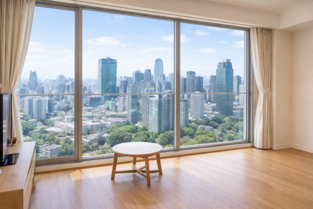 東京23区内のマンスリーマンションの清掃後の空室。明るく清潔な室内と高層階からの眺望が印象的な写真