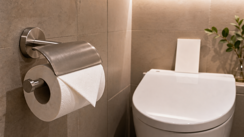 温かみのある照明に包まれたモダンなトイレ空間で、ステンレス製のトイレットペーパーホルダーに白いペーパーが美しくセットされ、先端が三角に丁寧に折られている。奥にはフタを閉じた白いトイレと無地のカードが置かれ、壁や設備の清潔感と、清掃後の整った仕上がりが伝わる実写風の写真。