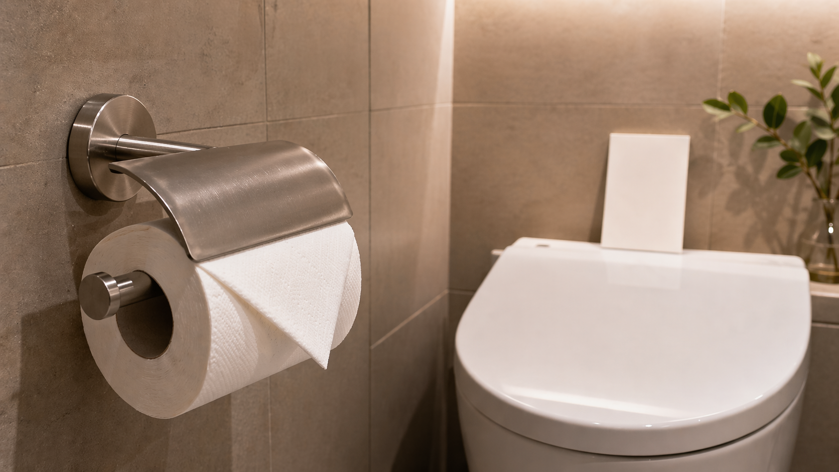 温かみのある照明に包まれたモダンなトイレ空間で、ステンレス製のトイレットペーパーホルダーに白いペーパーが美しくセットされ、先端が三角に丁寧に折られている。奥にはフタを閉じた白いトイレと無地のカードが置かれ、壁や設備の清潔感と、清掃後の整った仕上がりが伝わる実写風の写真。
