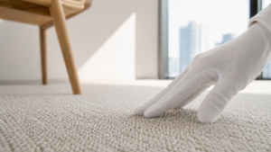 やわらかな朝の光が差し込むモダンな室内で、白い手袋を着けた手が明るい色の清潔なカーペットにそっと触れ、仕上がりや感触を丁寧に確認している実写風の写真。奥には木製家具の脚と窓辺のやわらかな景色がぼけて見え、細部まで行き届いた清掃品質と上質な室内管理の印象を与える。