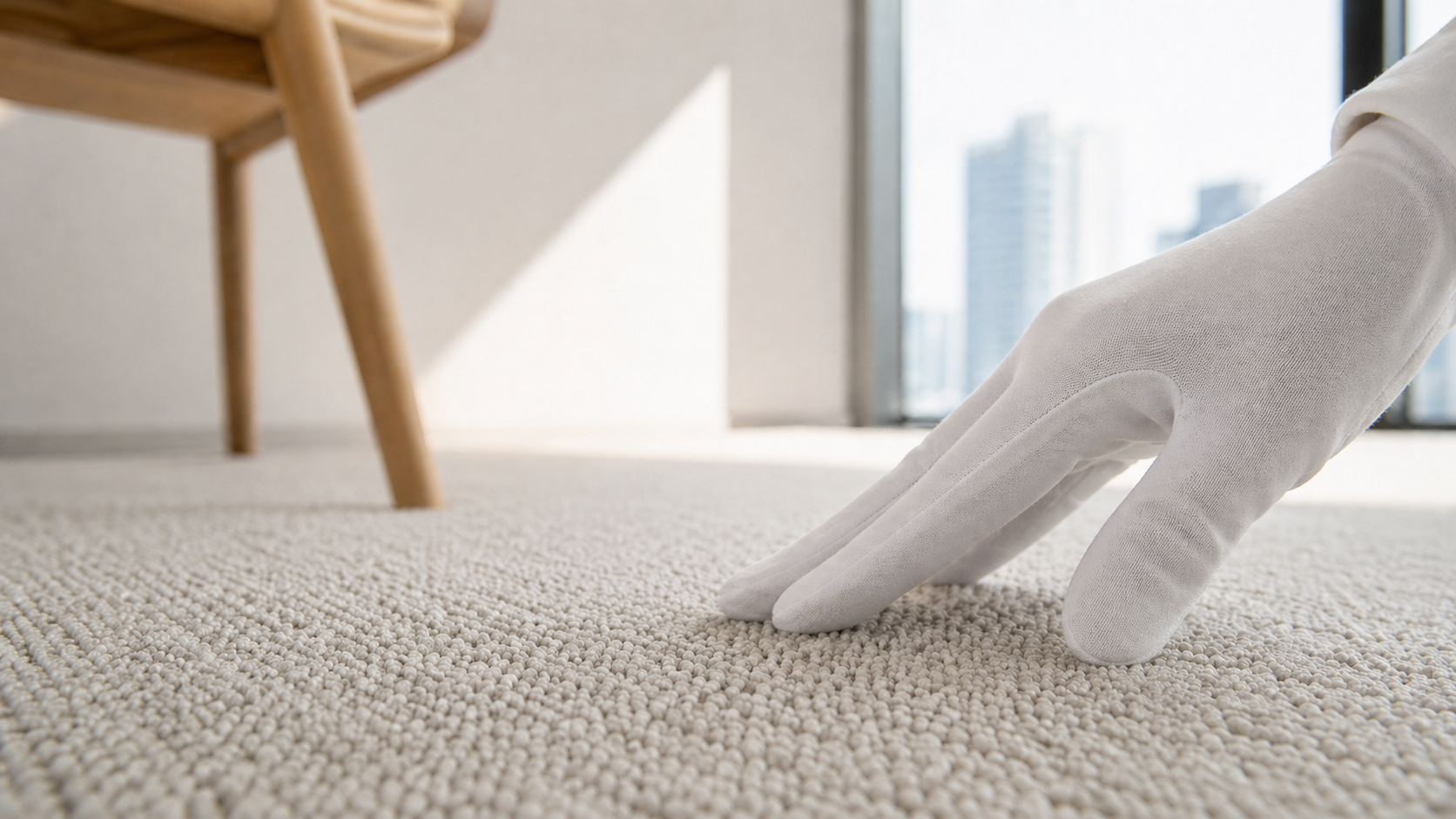 やわらかな朝の光が差し込むモダンな室内で、白い手袋を着けた手が明るい色の清潔なカーペットにそっと触れ、仕上がりや感触を丁寧に確認している実写風の写真。奥には木製家具の脚と窓辺のやわらかな景色がぼけて見え、細部まで行き届いた清掃品質と上質な室内管理の印象を与える。