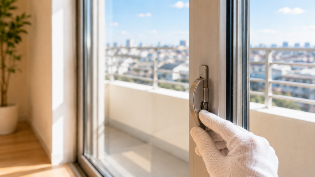 明るいマンションのバルコニー窓で、白手袋のスタッフがクレセント錠の施錠状態を確認している様子