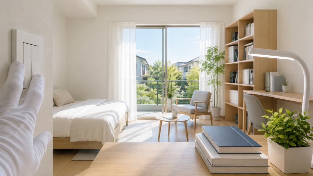 小金井市の明るいワンルームで、白手袋の清掃スタッフが照明スイッチまわりを確認し、整えられた書棚やデスク、清潔な居住空間が見える様子