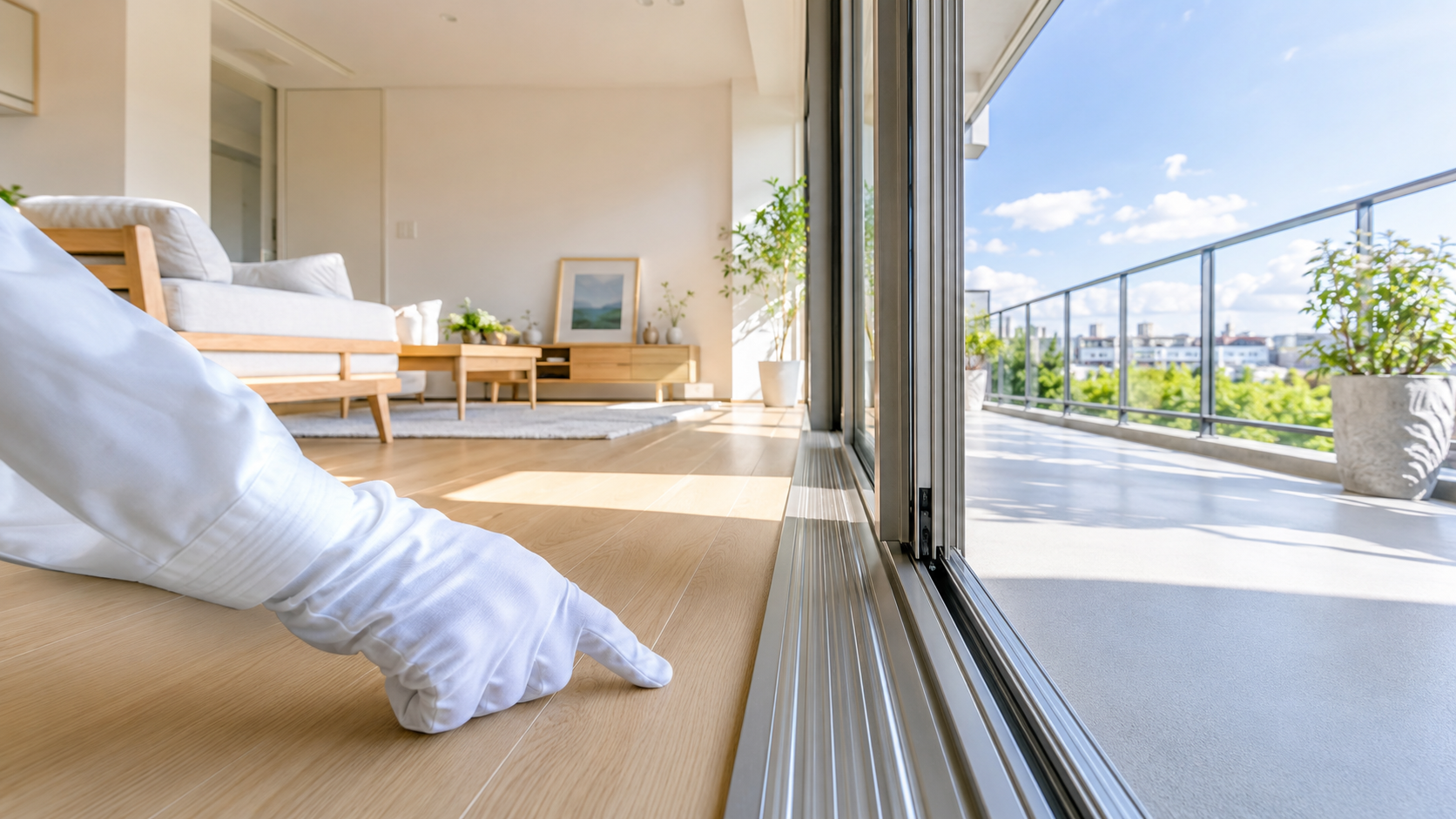西東京市の明るいマンション室内で、白手袋の清掃スタッフが掃き出し窓のレールと床の境目を確認し、清潔なバルコニーと緑のある住宅街が見える様子